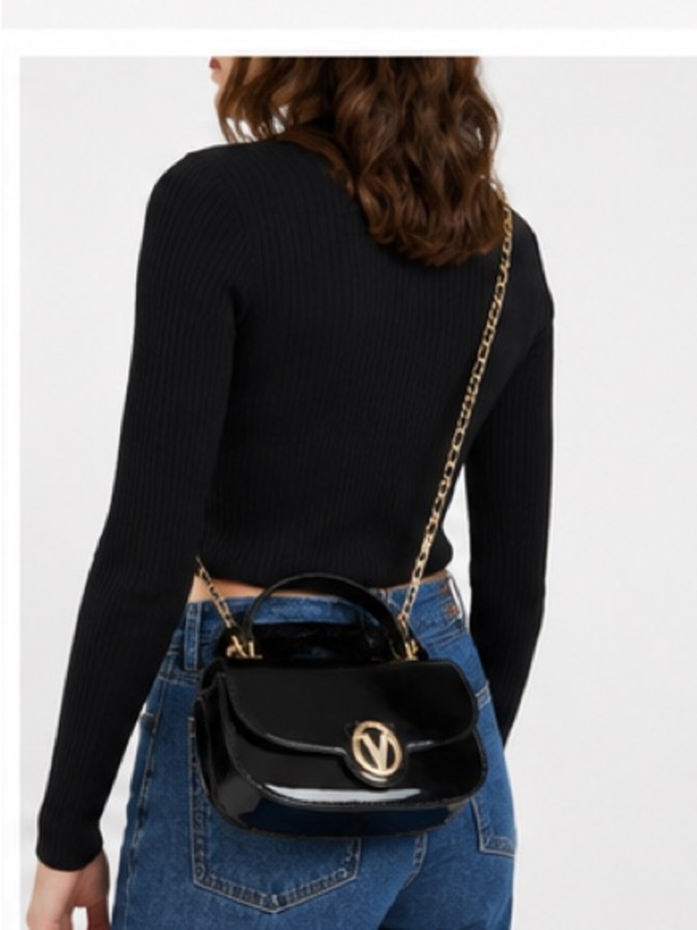 Valentino Orlandi Black Patent Mini Top-Handle Bag with Gold V Emblem - Picture 4 of 6